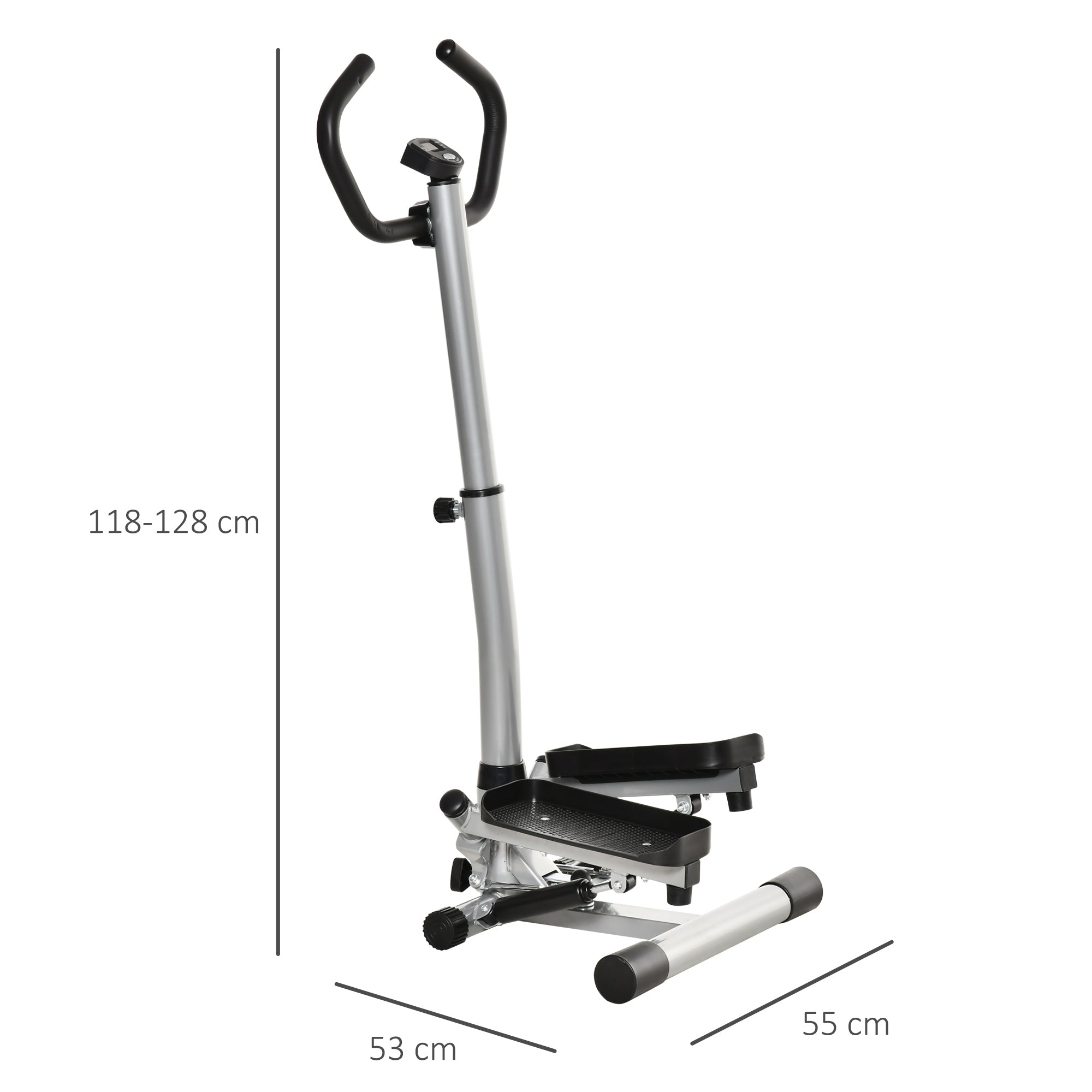 Stepper with LCD Monitor, Adjustable Handlebar and Elastic Bands, Made of Steel and ABS, 55x53x118-128 cm, Black and Silver
