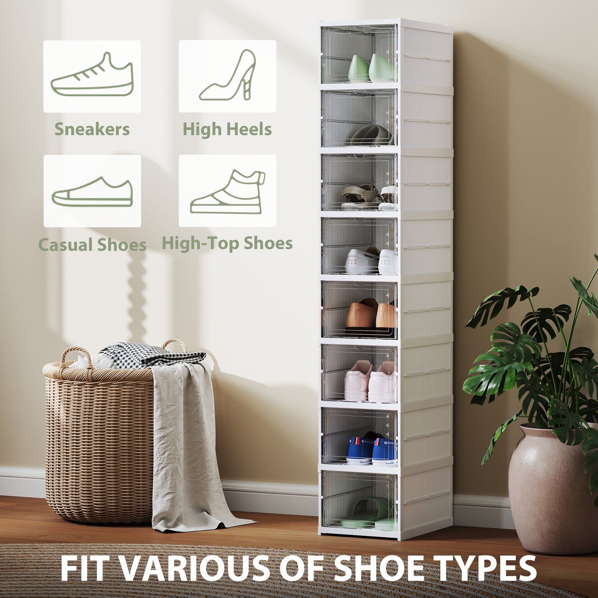 Shoe Rack with 8 Stackable and Foldable Shoe Containers with Transparent Panel, White