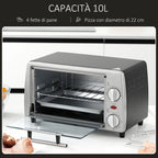 Electric Oven 10L Adjustable Temperature and Timer, Grill and Baking Tray Included, 750W, 36.5x26x22cm, Silver Black - Borgè