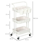 HOMCOM 3-Tier Multipurpose Kitchen Cart with Removable Baskets and Hooks, Shelf with 12 Dividers, White