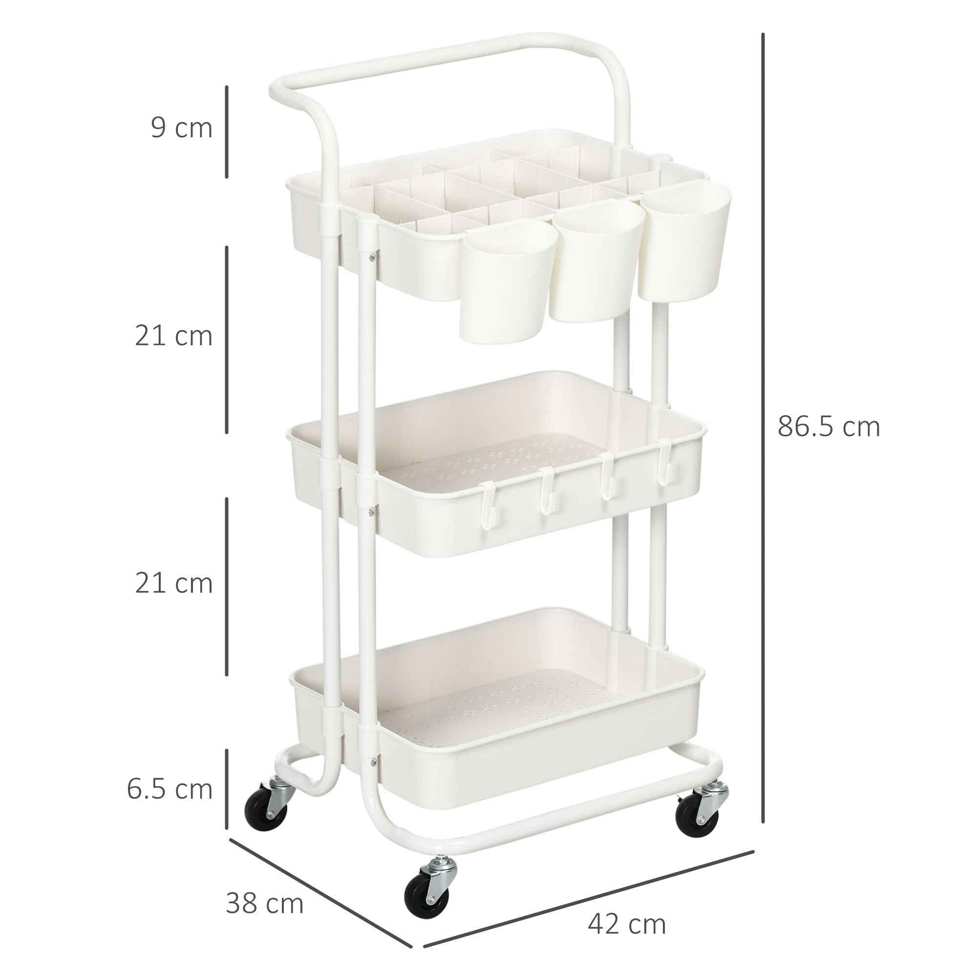 HOMCOM 3-Tier Multipurpose Kitchen Cart with Removable Baskets and Hooks, Shelf with 12 Dividers, White