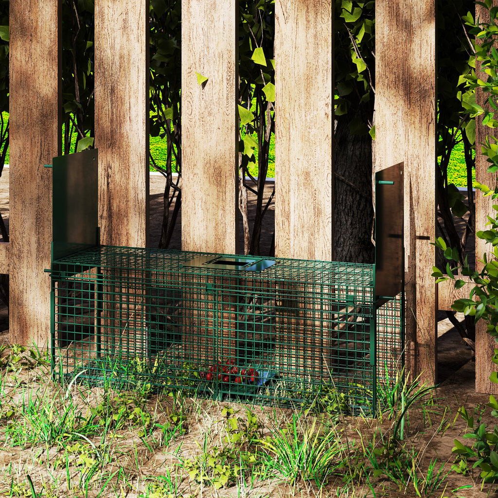 Small Live Animal Trap Cage with Double Door and Handle, 80x25x30cm, Dark Green