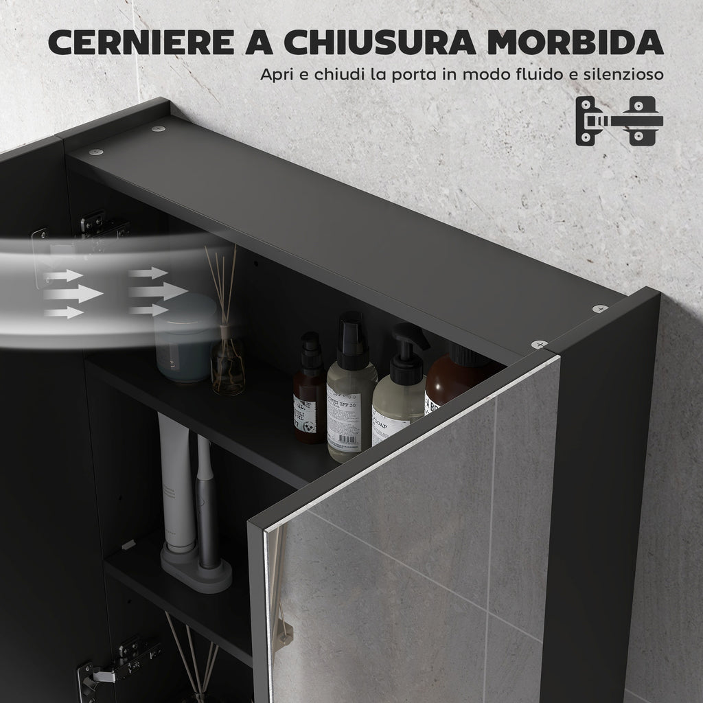 Bathroom Wall Cabinet with 2 Doors, Mirror and 2 Internal Shelves in MDF, 60x15x75 cm, Black