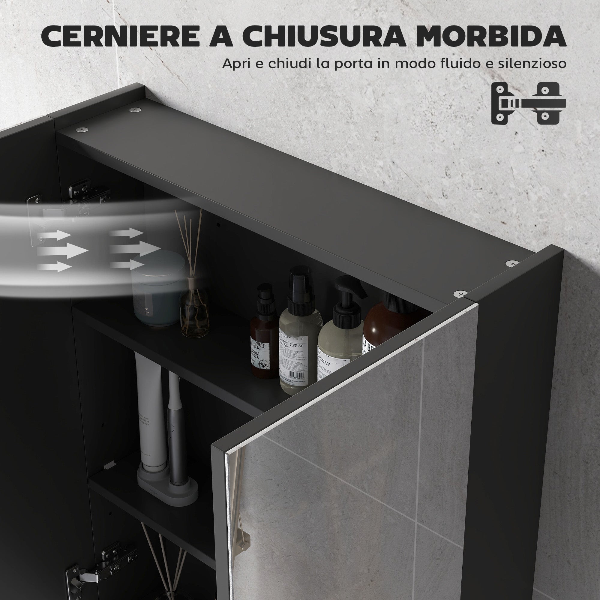 Bathroom Wall Cabinet with 2 Doors, Mirror and 2 Internal Shelves in MDF, 60x15x75 cm, Black