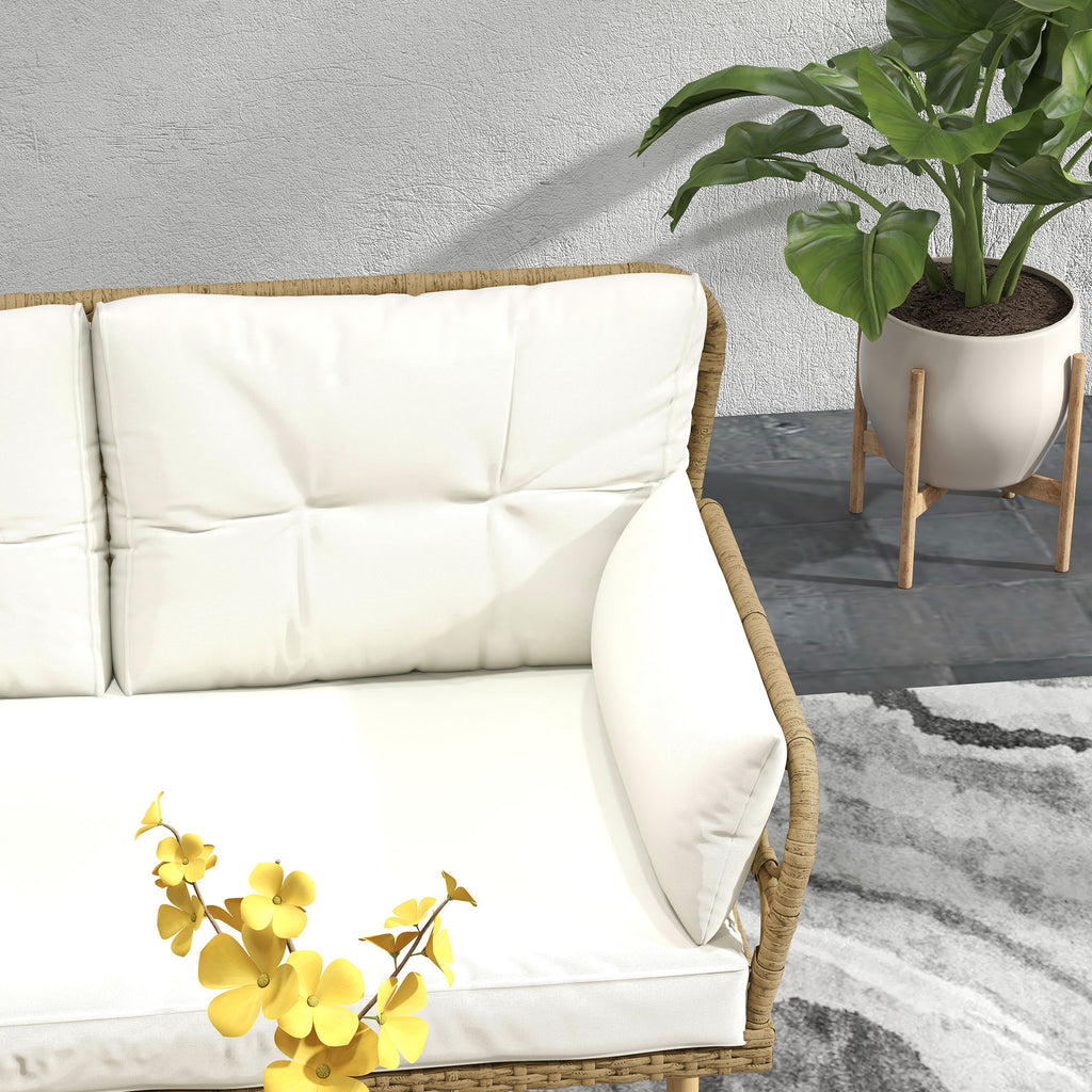 Outsunny 3-Piece Garden Set with Chaise Longue, Sofa, Cushions and Coffee Table, in Rattan and Steel, Cream White and Wood