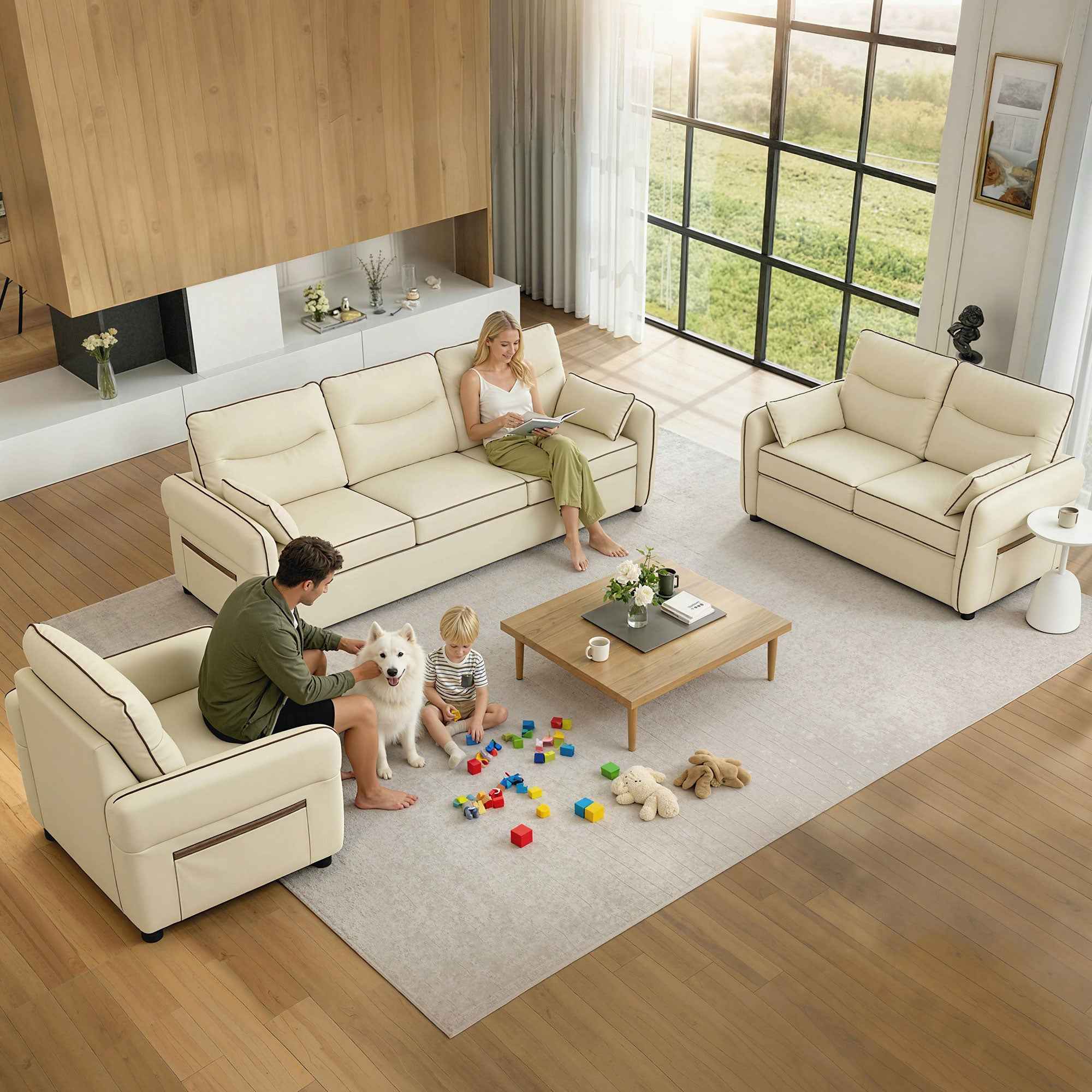HOMCOM 3-Seater Faux Leather Sofa with Thick Padding, Side Pocket and 2 Cushions, 190x83x90 cm, Beige