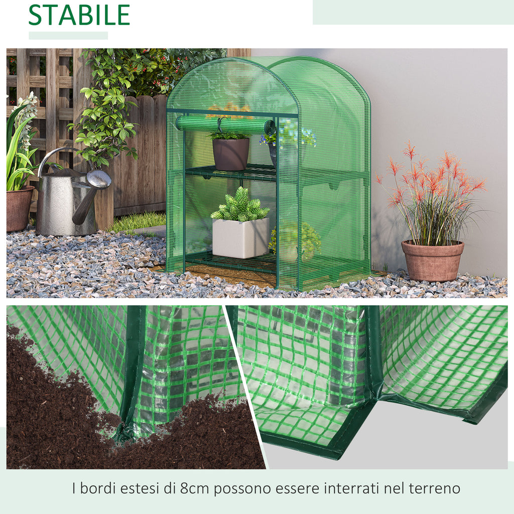 Outsunny Mini Garden Greenhouse with 2 Metal Shelves and PE Cover, 69x49x92cm, Green