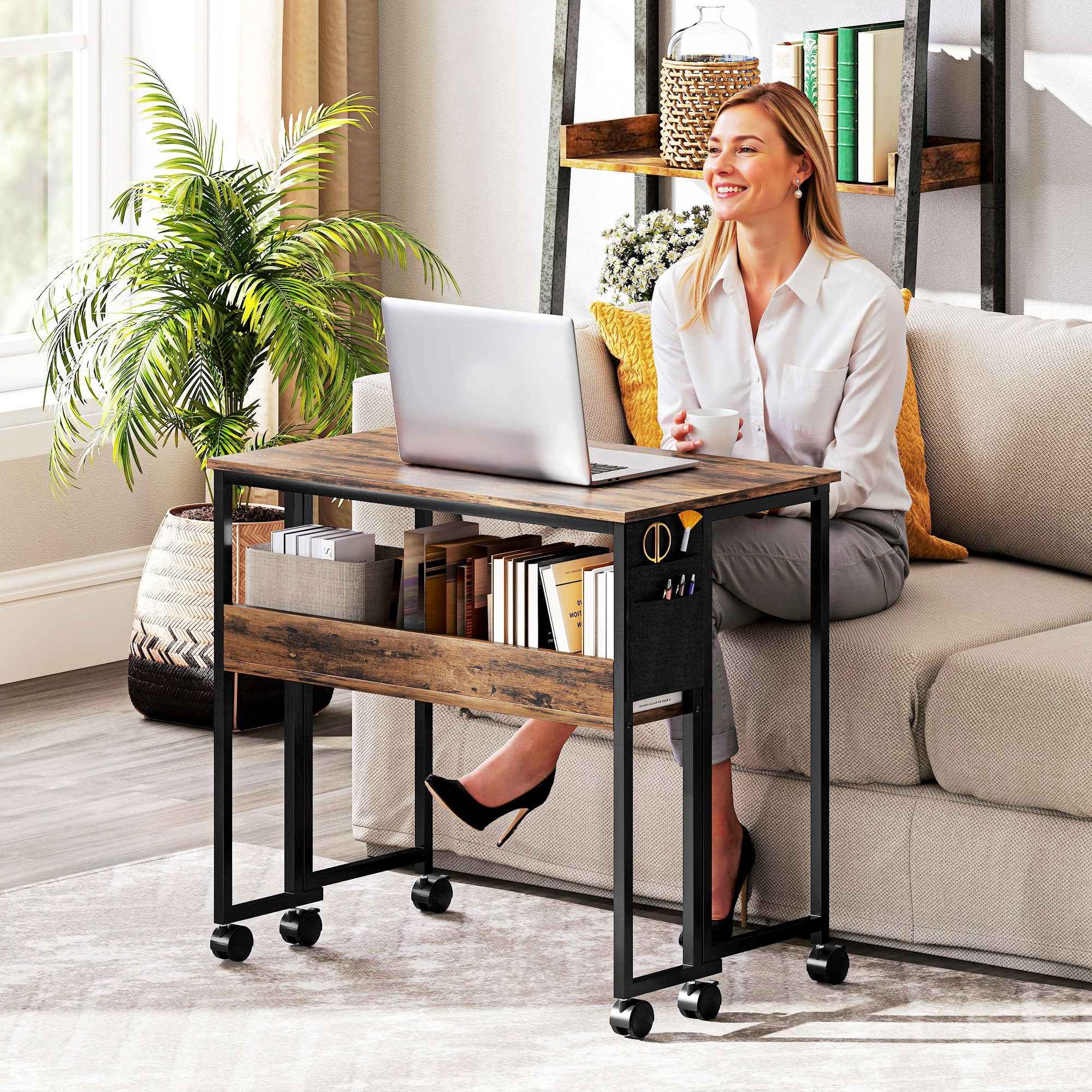 HOMCOM Folding Desk on Wheels 80 x 50 cm with Shelf and Storage Bag, Rustic Brown