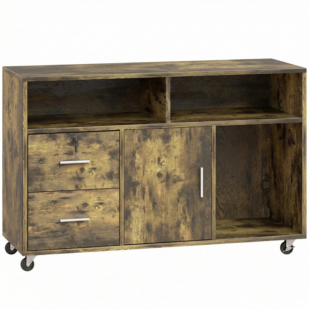 HOMCOM Wooden Printer Stand with Wheels, 2 Drawers, 3 Shelves, and 2 Cabinets, 100x35x65 cm, Brown