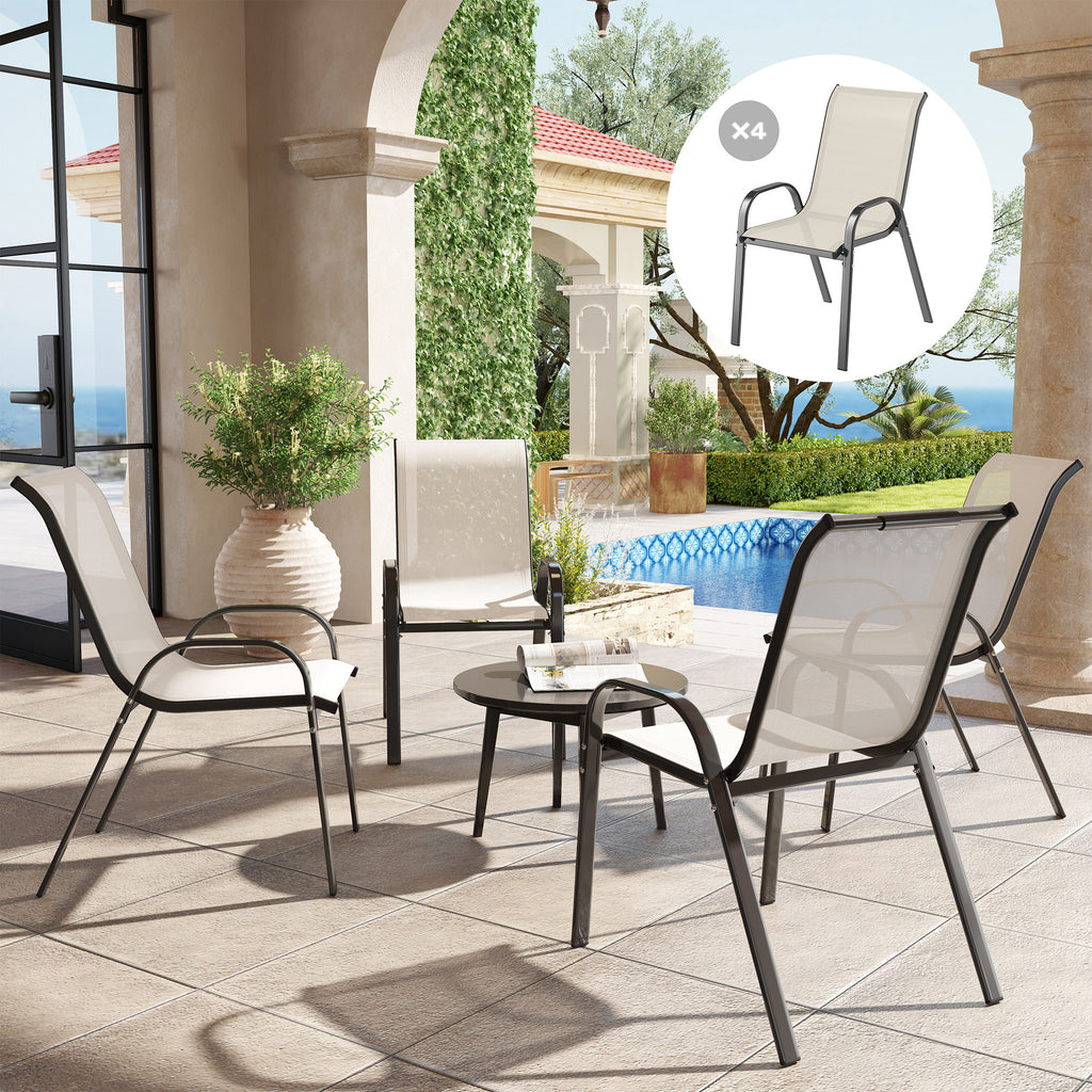 Outsunny Set of 4 Stackable Garden Chairs with Curved Armrests, Steel and Breathable Fabric, 54x71x93 cm, Beige