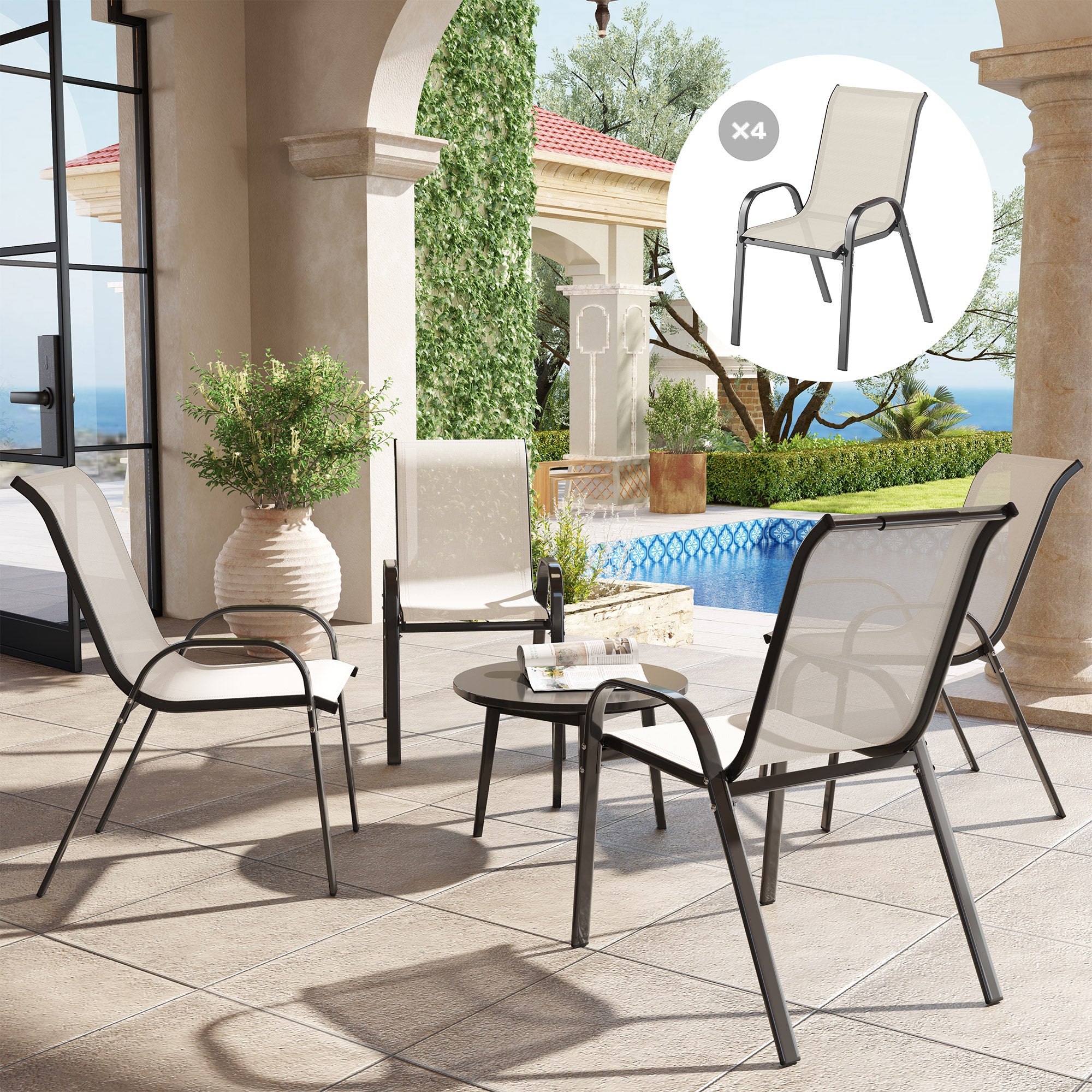 Outsunny Set of 4 Stackable Garden Chairs with Curved Armrests, Steel and Breathable Fabric, 54x71x93 cm, Beige