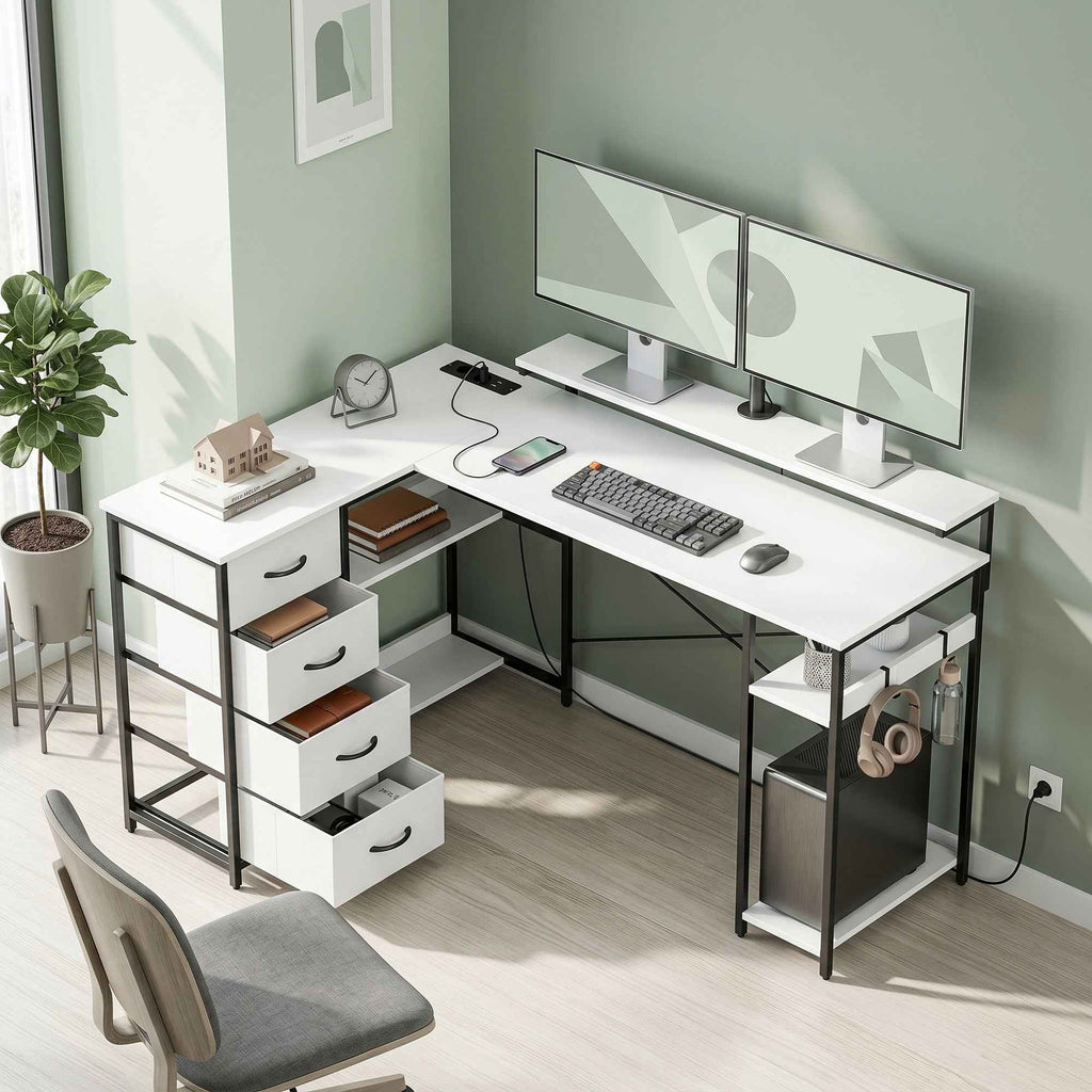HOMCOM Corner Desk with Sockets, 4 Fabric Drawers, Monitor Riser and 2 Hooks, 155x112x85.5-91.5 cm, Black and White
