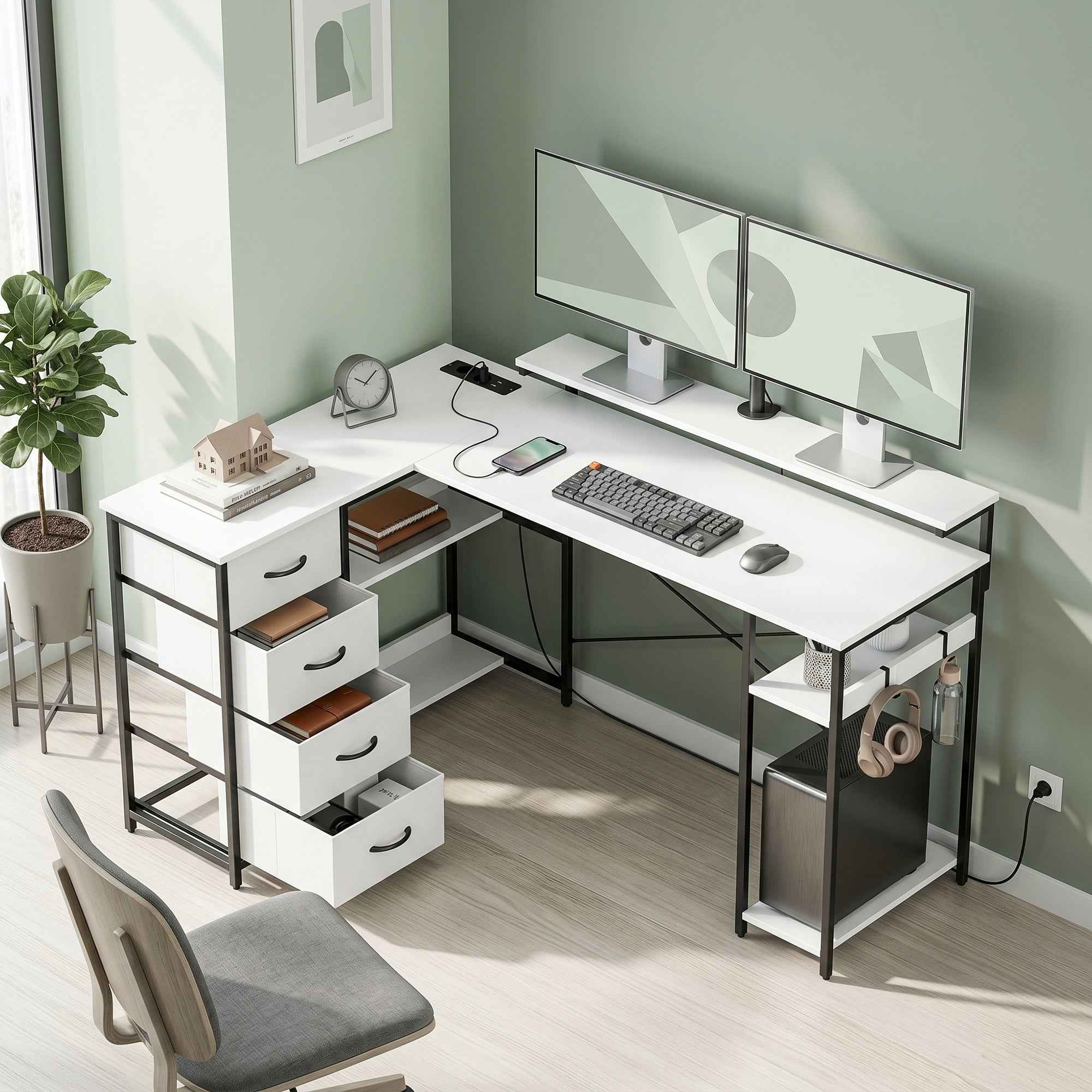 HOMCOM Corner Desk with Sockets, 4 Fabric Drawers, Monitor Riser and 2 Hooks, 155x112x85.5-91.5 cm, Black and White