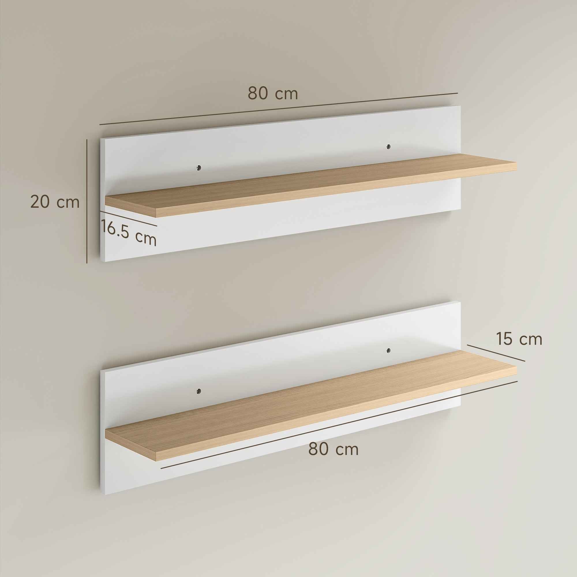 HOMCOM Set of 2 Wooden Wall Shelves for Home and Office, 80x16.5x20 cm, White and Wood Color