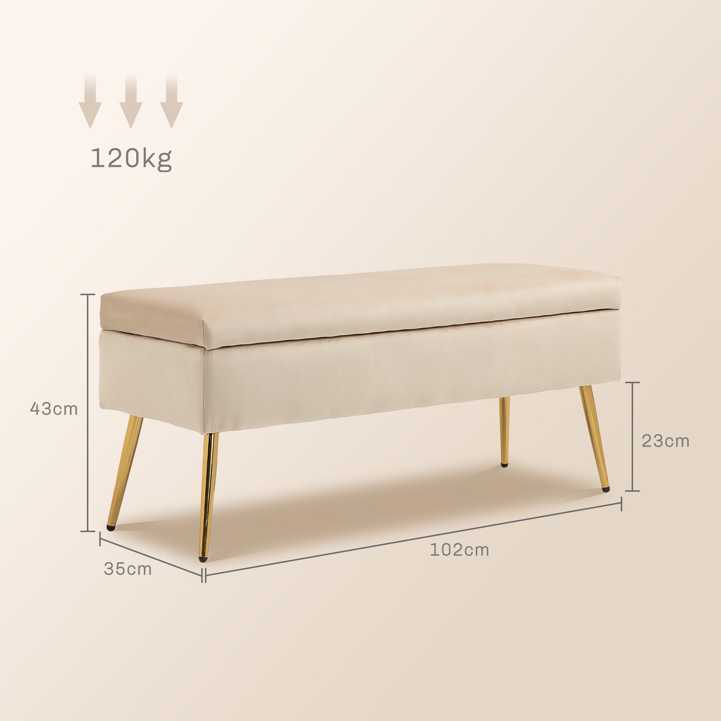 Ottoman Upholstered Bed Bench with Tapered Legs, in Velvet Effect Fabric, 102x35x43 cm, Beige