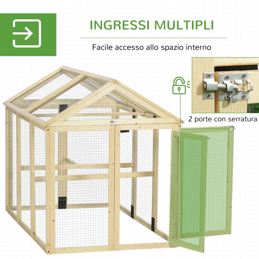 PawHut Outdoor Wooden Chicken Run with Multiple Doors and Metal Mesh, 140x88.5x106 cm, Wood Color