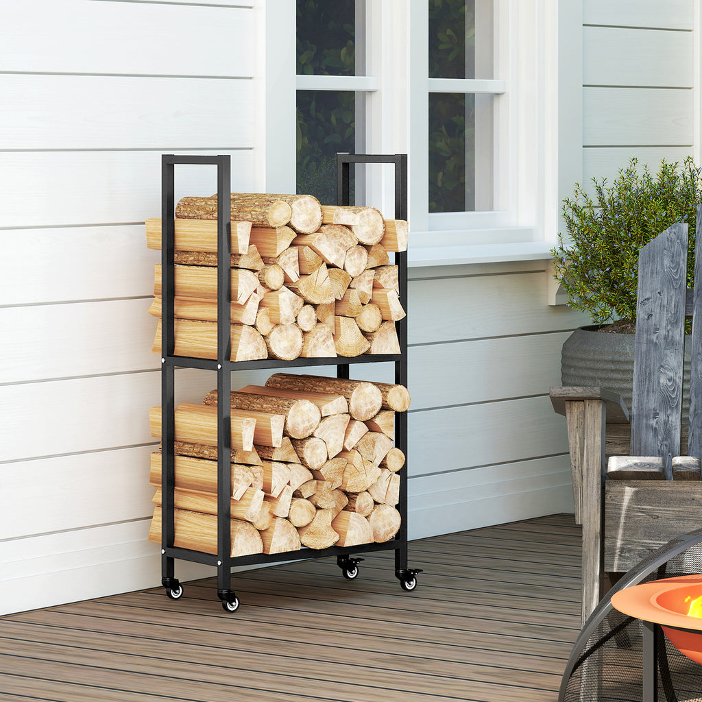 Outsunny Two-Tier Indoor and Outdoor Log Rack with Reinforced Steel Wheels, 60x30x119 cm, Black