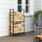 Outsunny Two-Tier Indoor and Outdoor Log Rack with Reinforced Steel Wheels, 60x30x119 cm, Black
