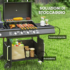 Gas Barbecue with Side Burner, Table and Cabinet, in Steel and PP, 129.5x56x110 cm, Black