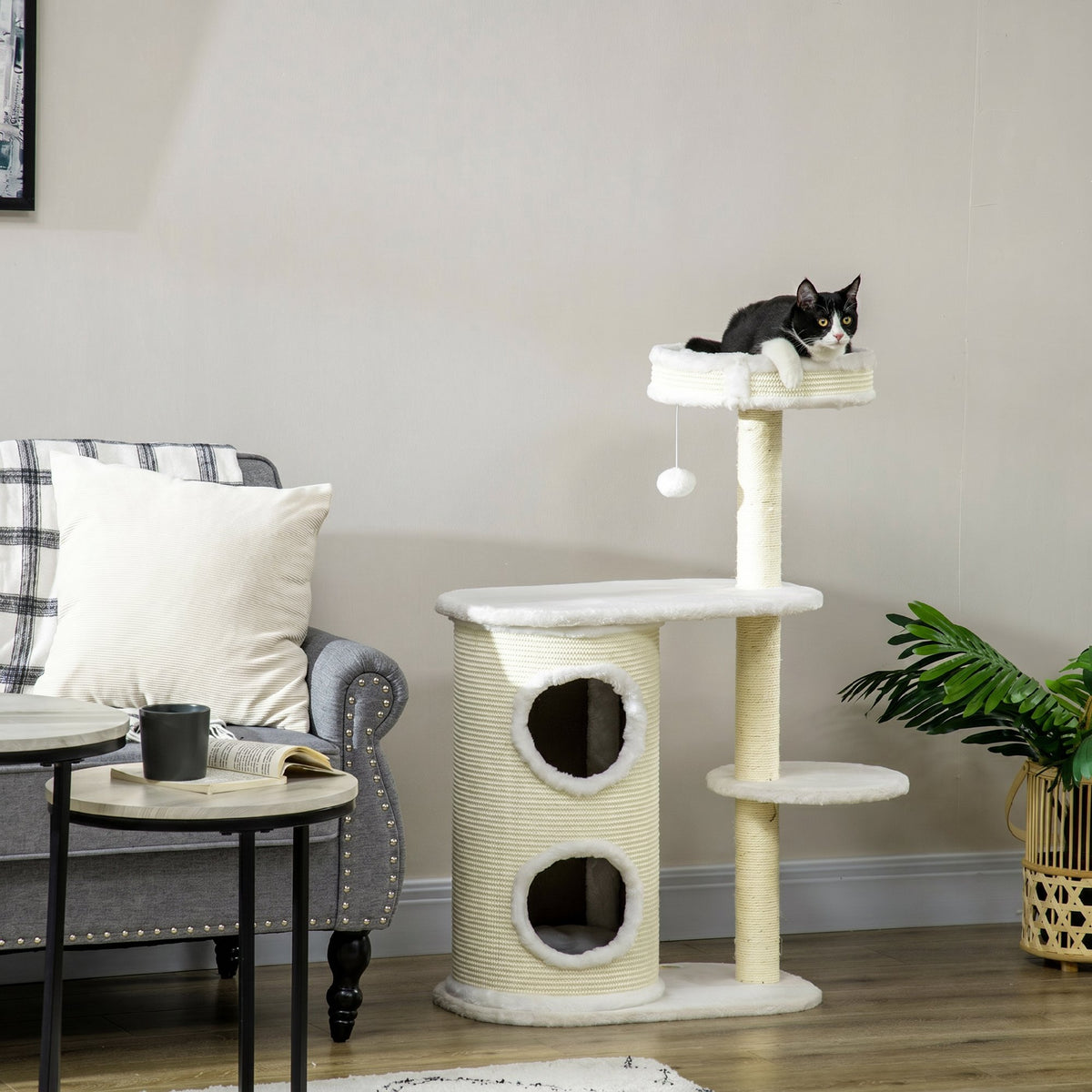 PawHut 100cm Cat Tree with Sisal Scratching Post, Basket and 2-Tier House, Cream
