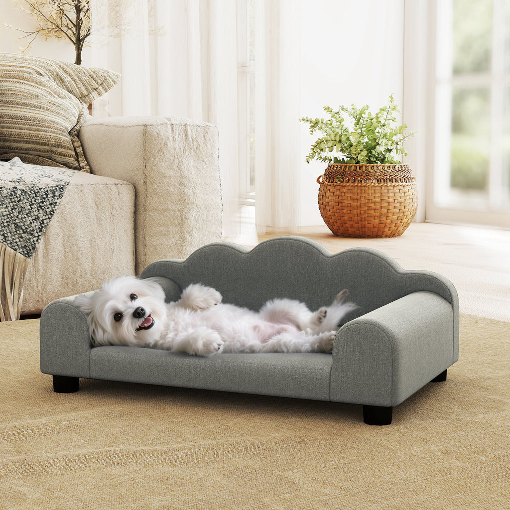 Dog Sofa with Supportive Armrests, Wood and French Terry Fabric, 66x42x28.5 cm, Grey