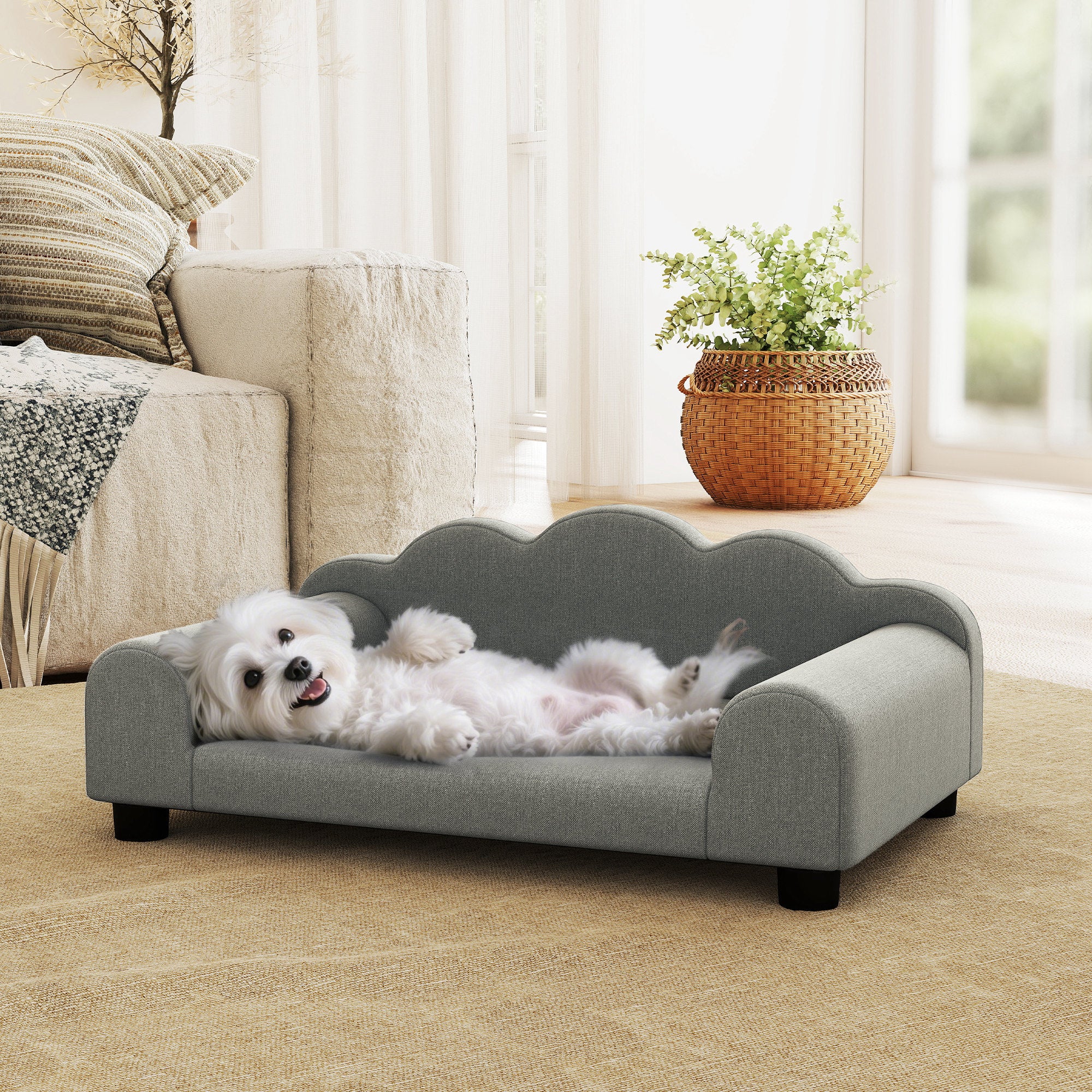 Dog Sofa with Supportive Armrests, Wood and French Terry Fabric, 66x42x28.5 cm, Grey