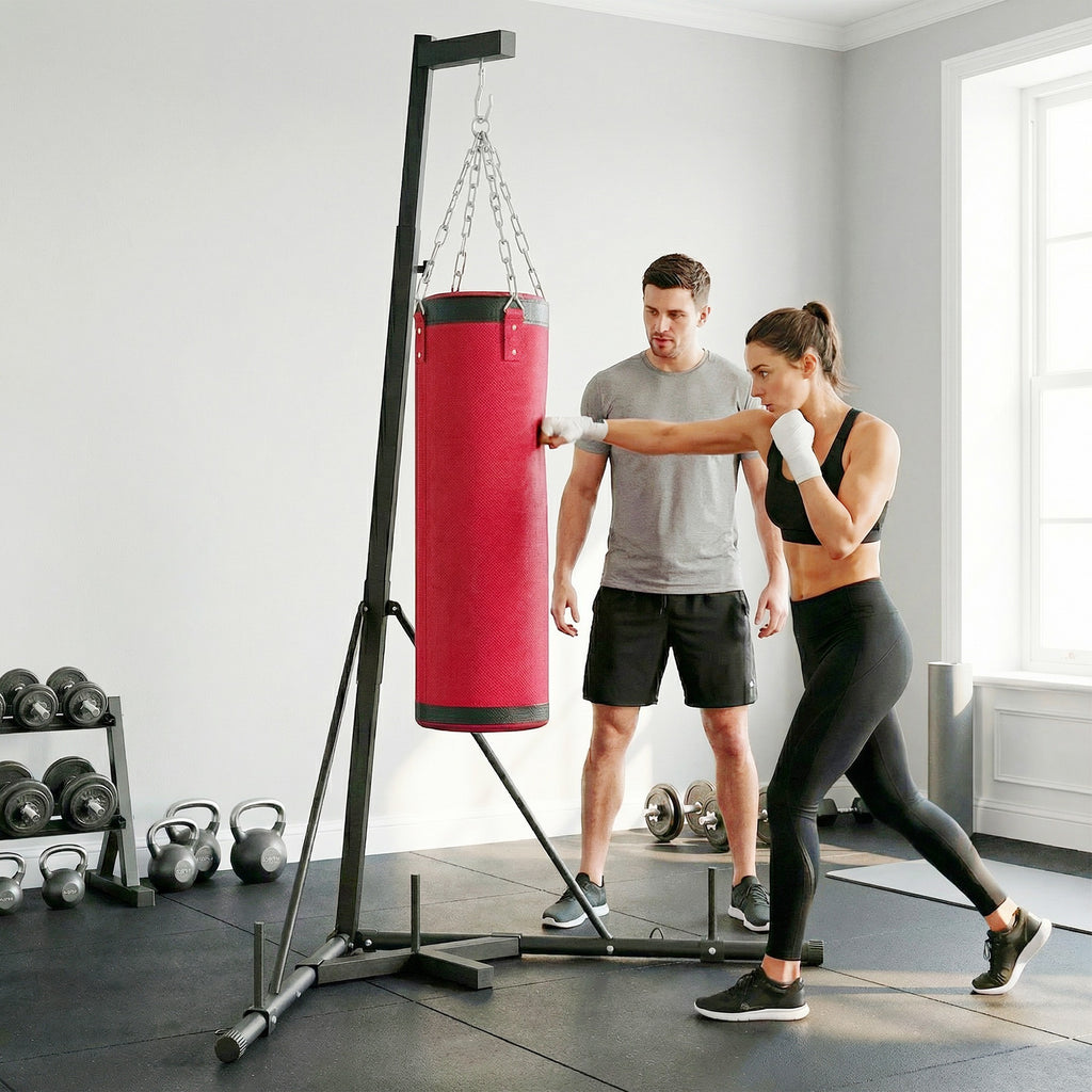 SPORTNOW Adjustable Punching Bag Stand with Triangular Base and Punching Bag, Made of Steel and Canvas, 175x91x185-231 cm, Red
