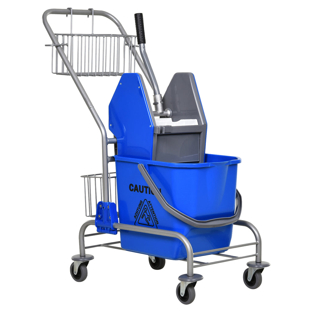 Professional Cleaning Trolley with 26L Bucket for Mop, Wringer and Mesh Baskets, Blue