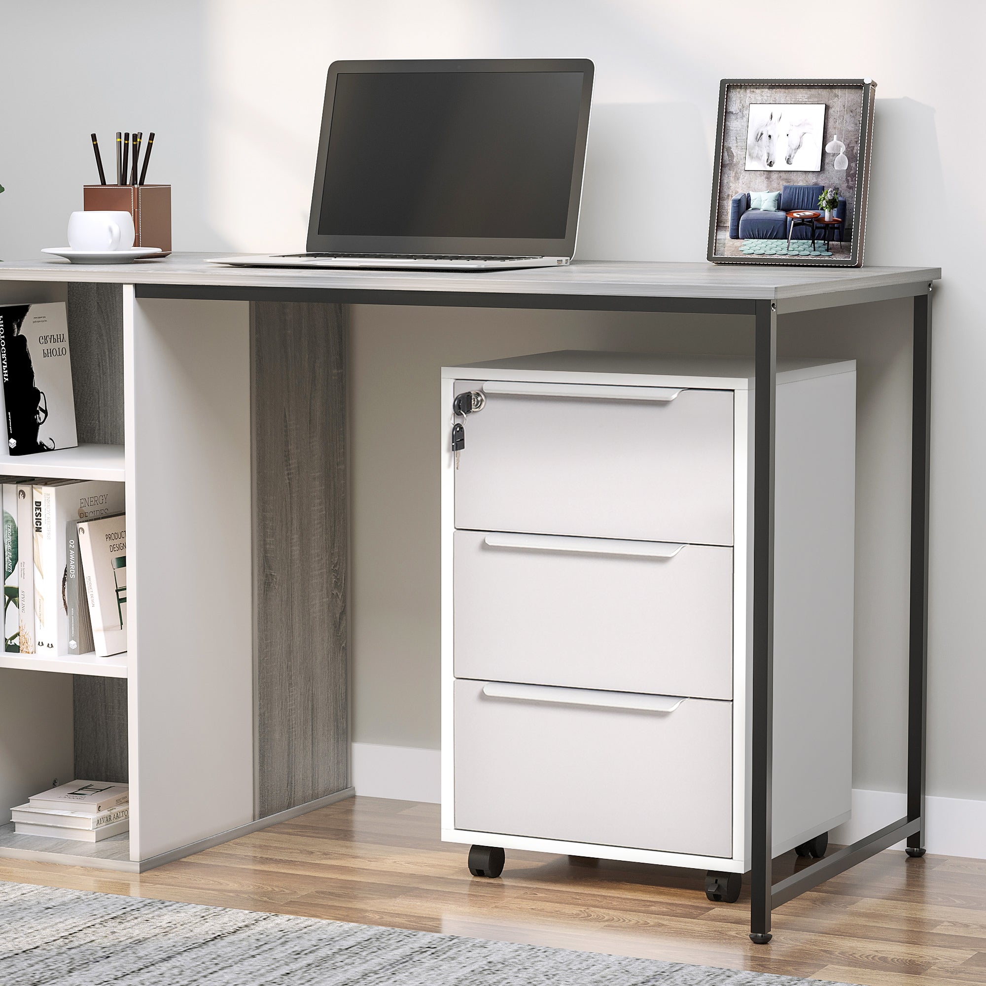 3-Drawer Office Filing Cabinet with Security Keys and 4 Wheels, Wooden, 40x40x63.5 cm, White and Grey