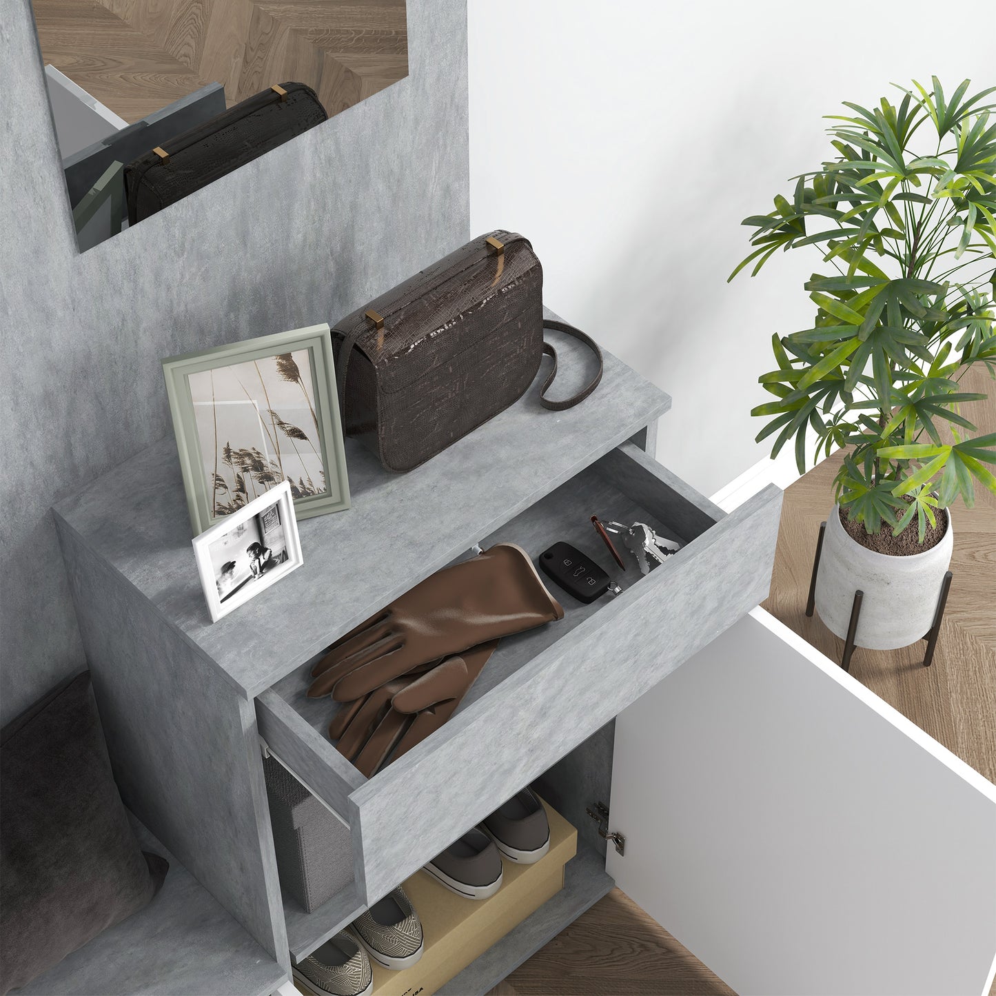 Hallway Cabinet 4 in 1 with Mirror, Hooks and Internal Shelves, Wooden, 145x29x184 cm, Grey and White