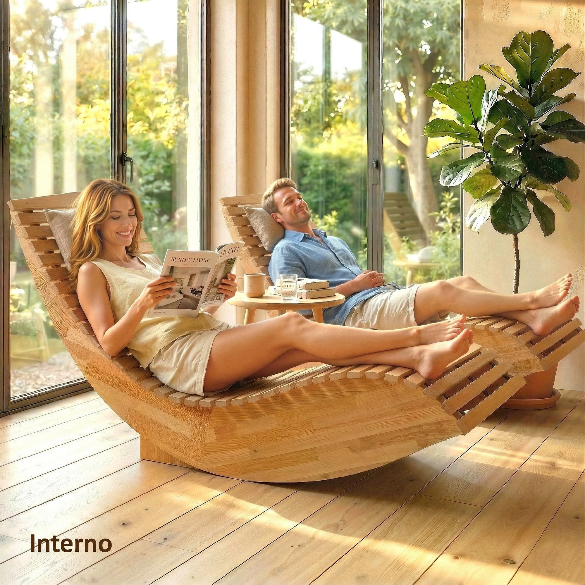 Outsunny Set of 2 Folding and Ergonomic Acacia Wood Rocking Loungers