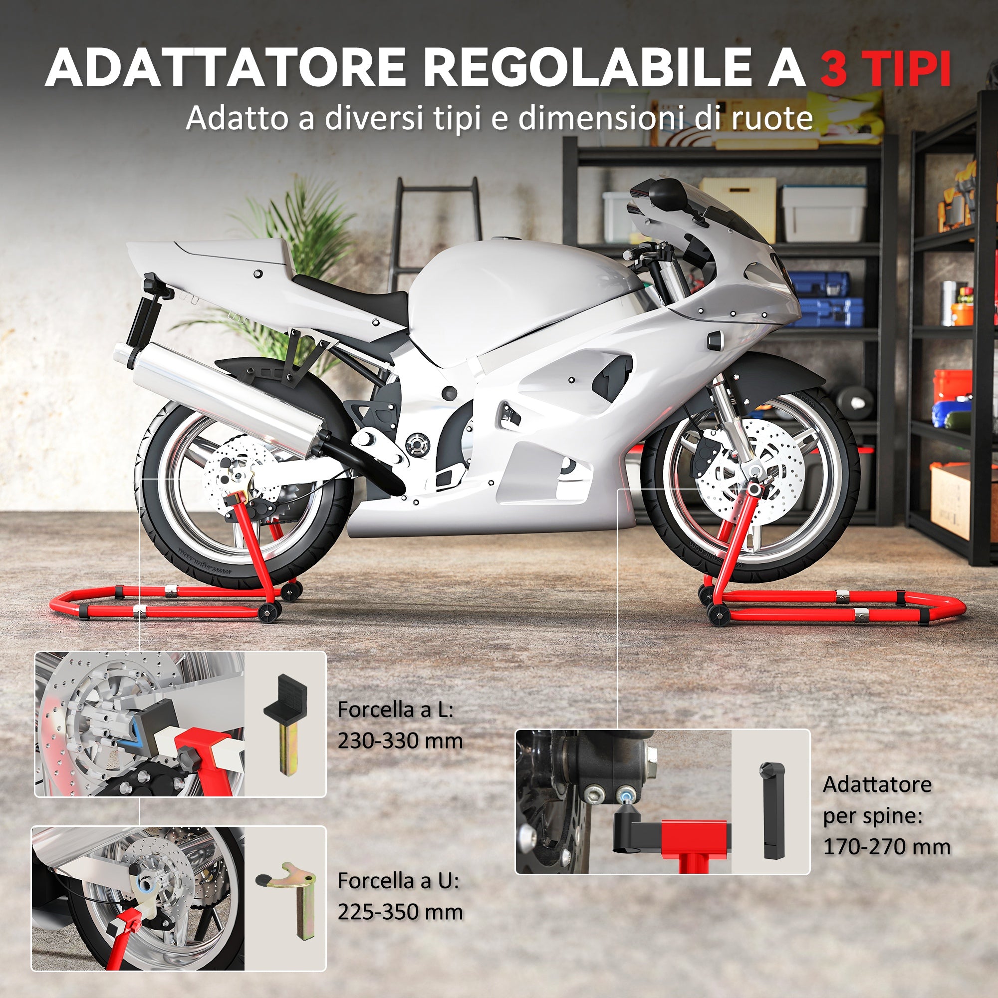 Motorcycle Front and Rear Stand with 390 kg Capacity, U and L Forks, Non-Slip Wheels and Pads, Red