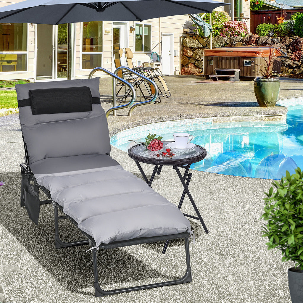Folding Sun Lounger with Cushion, Headrest and Side Pocket, 58x189x32.5 cm, Light Gray