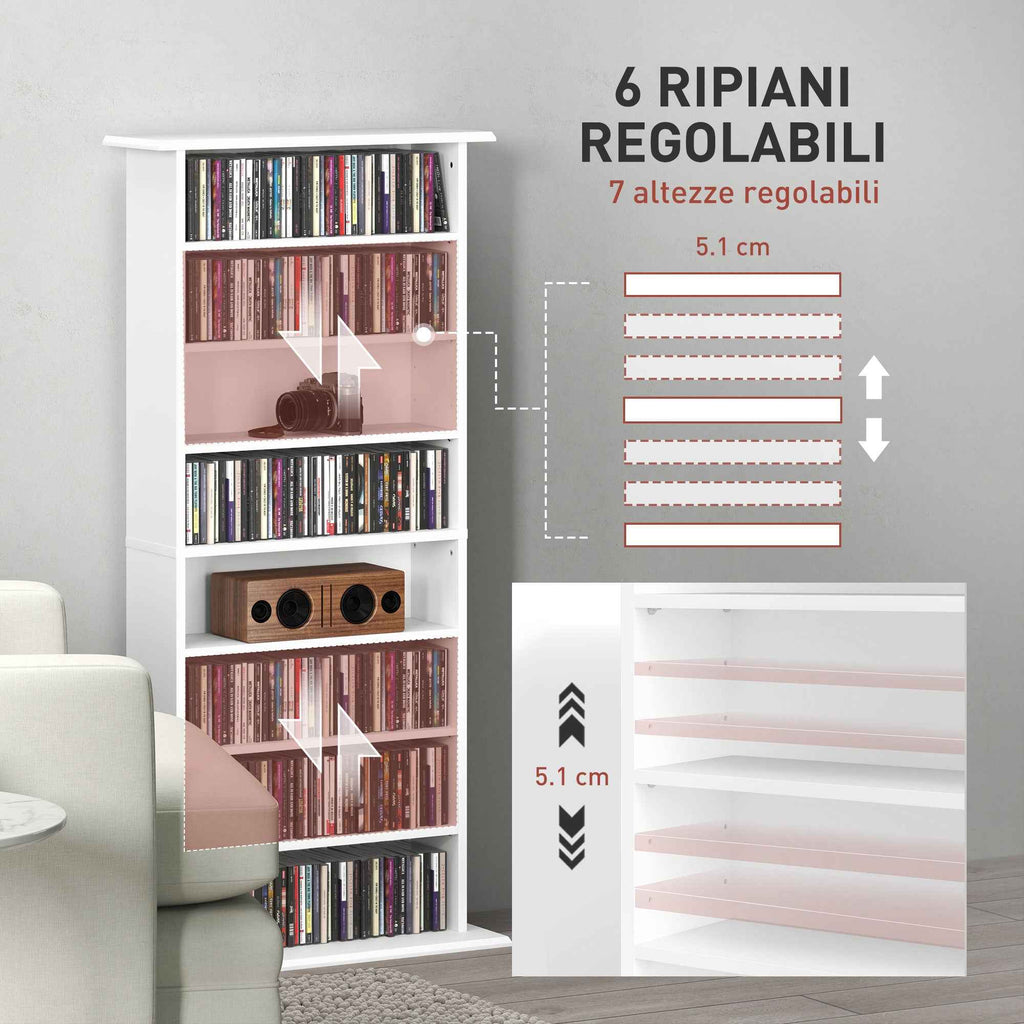 HOMCOM CD Storage Rack with 6 Adjustable Shelves, 360 CDs/185 DVDs Capacity, 58x24x124.5 cm, White