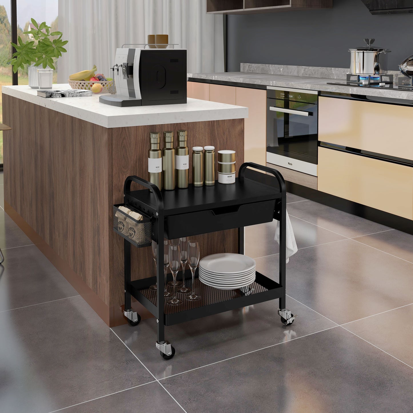 Kitchen and Multi-use Trolley with Basket, Removable Drawer and 3 Hooks, in PP and Metal, 61x32.6x58.5 cm, Black