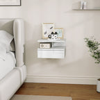 Floating Nightstand for Bedroom with Drawer and Open Shelf in Wood, 35x32x22.5 cm, White