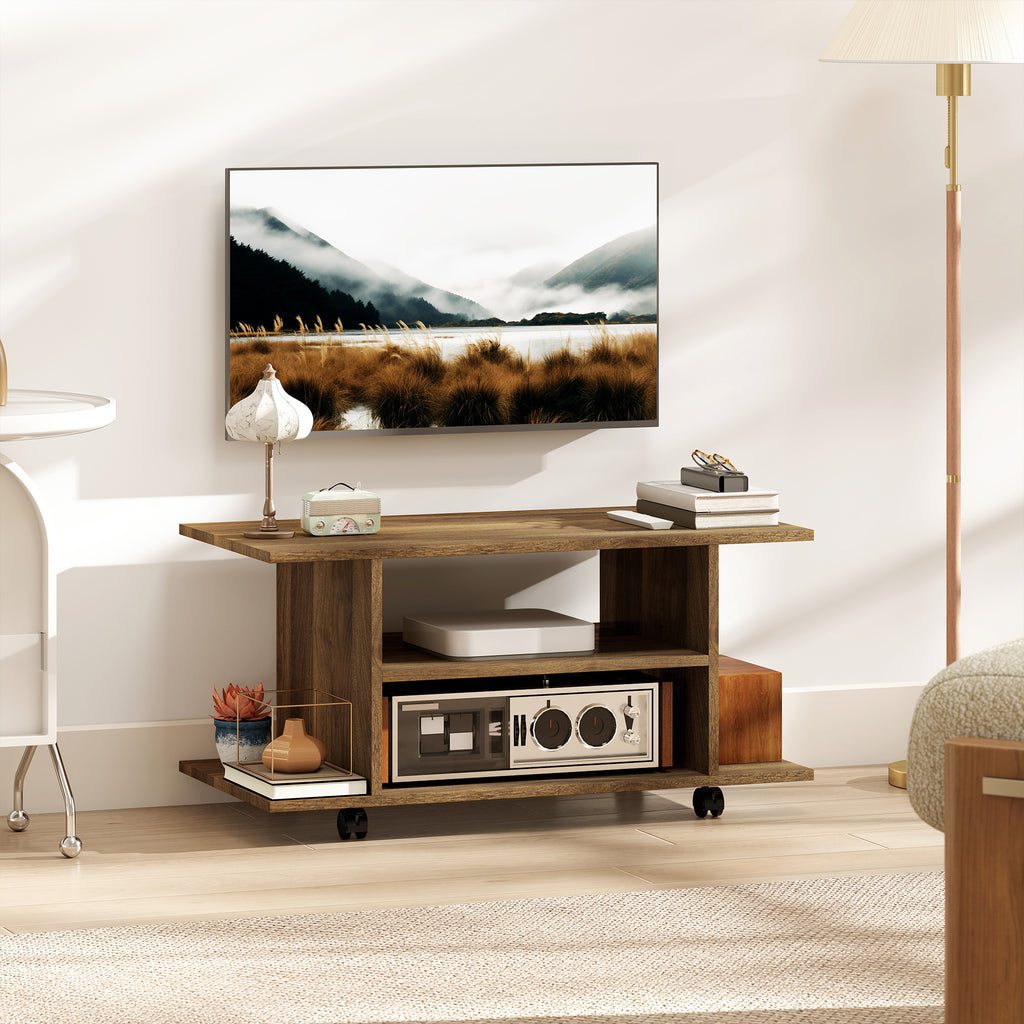 HOMCOM Modern TV Stand with Shelves, Swivel Wheels and Brakes, 80x40x40 cm, Walnut Color
