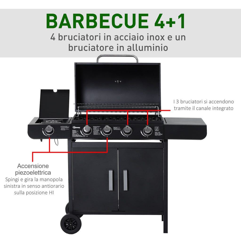 5 -stove gas barbecue outsunny with side shelves and locker, in steel and pp, 125x51x100 cm, black - Borgè