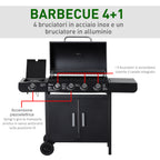 5 -stove gas barbecue outsunny with side shelves and locker, in steel and pp, 125x51x100 cm, black - Borgè