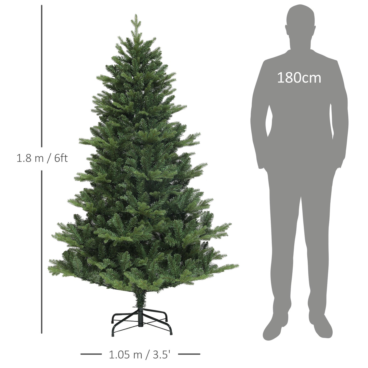 CHRISTMAS TREE - Artificial Christmas Tree 180 cm Tall with 818 Branches and Steel Base for Indoors, Green