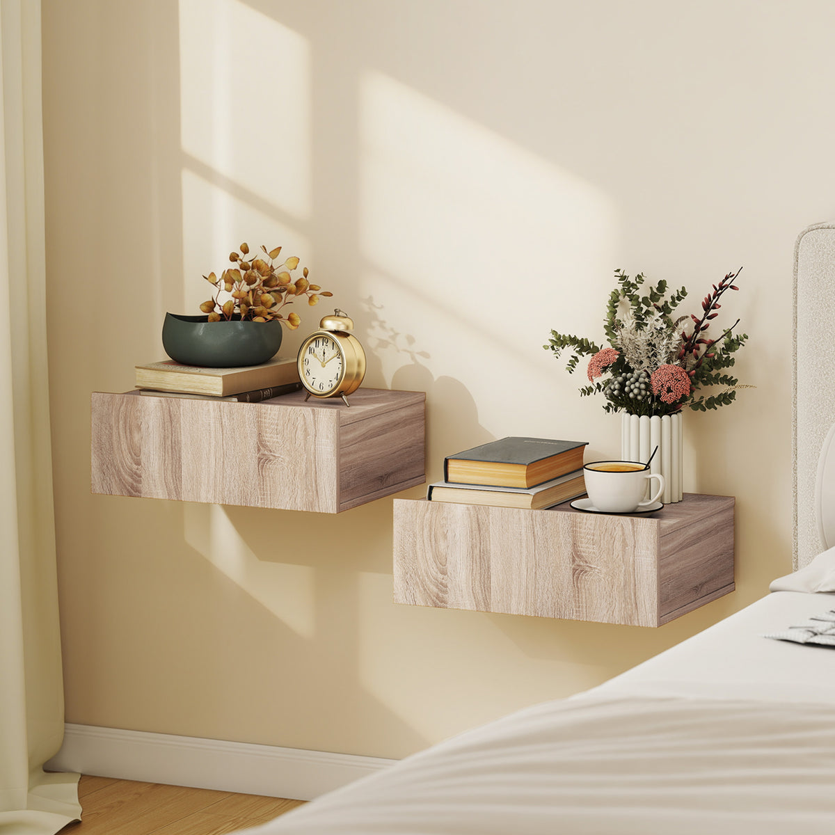 HOMCOM Set of 2 Modern Floating Bedside Tables with Wooden Drawer, 40x30x15cm, Oak