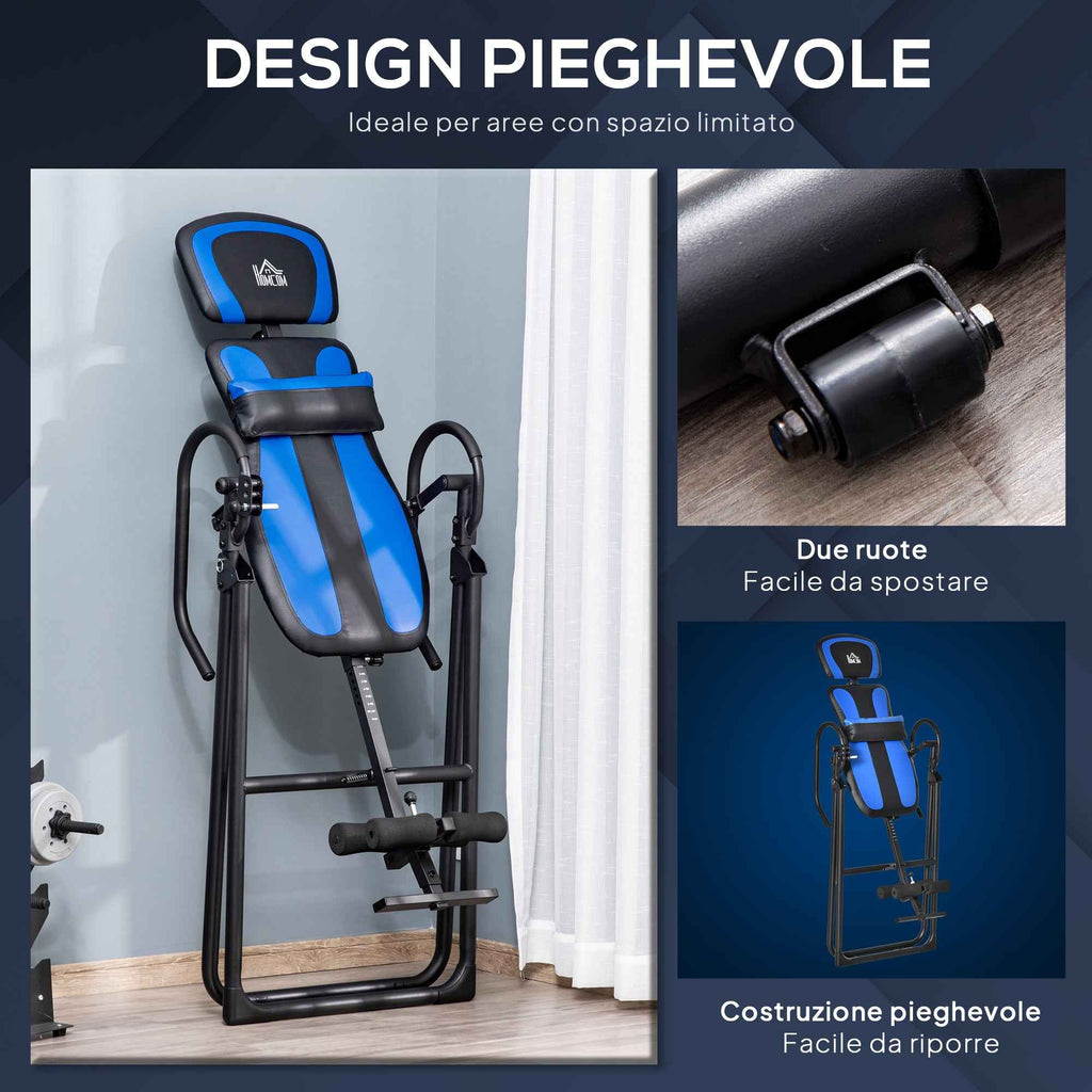 HOMCOM Folding Gravity Inversion Table with Adjustable Length (140-203cm) and Wheels, Black and Blue