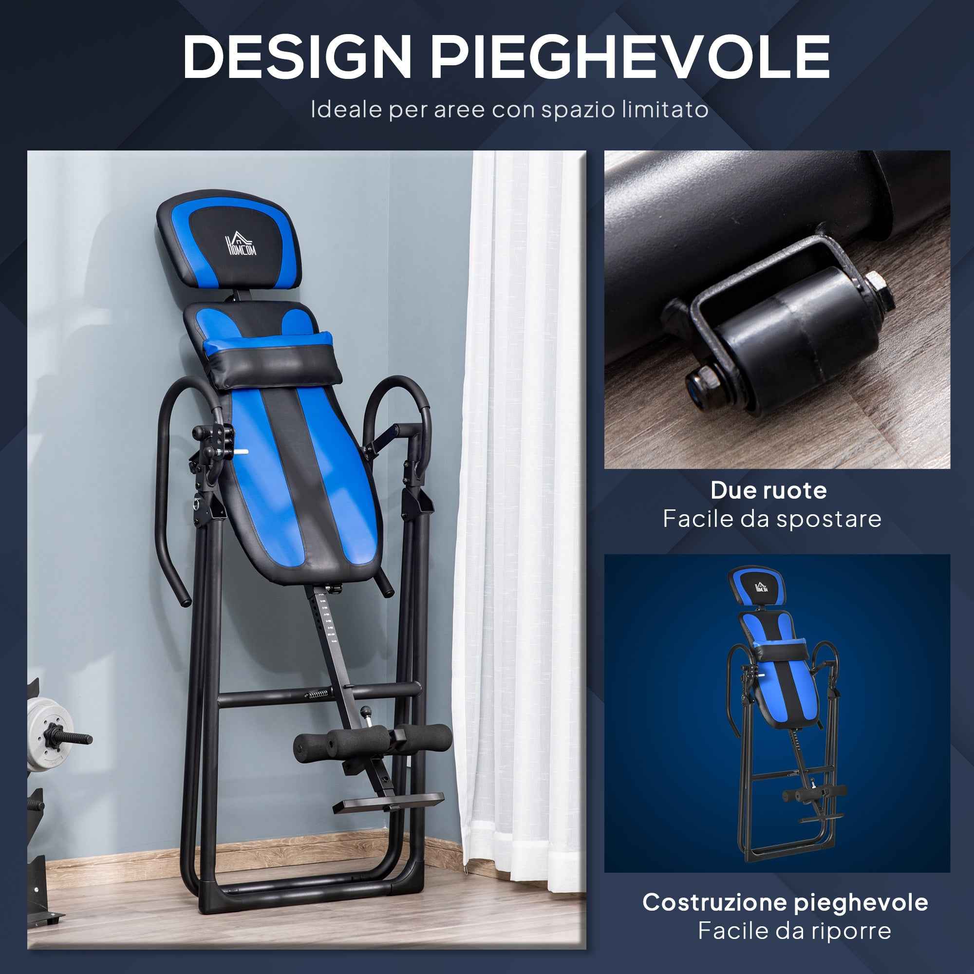 HOMCOM Folding Gravity Inversion Table with Adjustable Length (140-203cm) and Wheels, Black and Blue