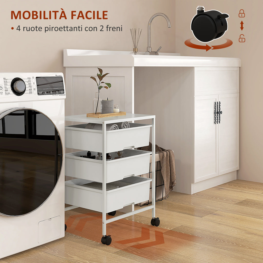 HOMCOM Multipurpose Trolley with 3 Removable Baskets and Wheels for Kitchen and Office in Steel and PP, White - Borgè
