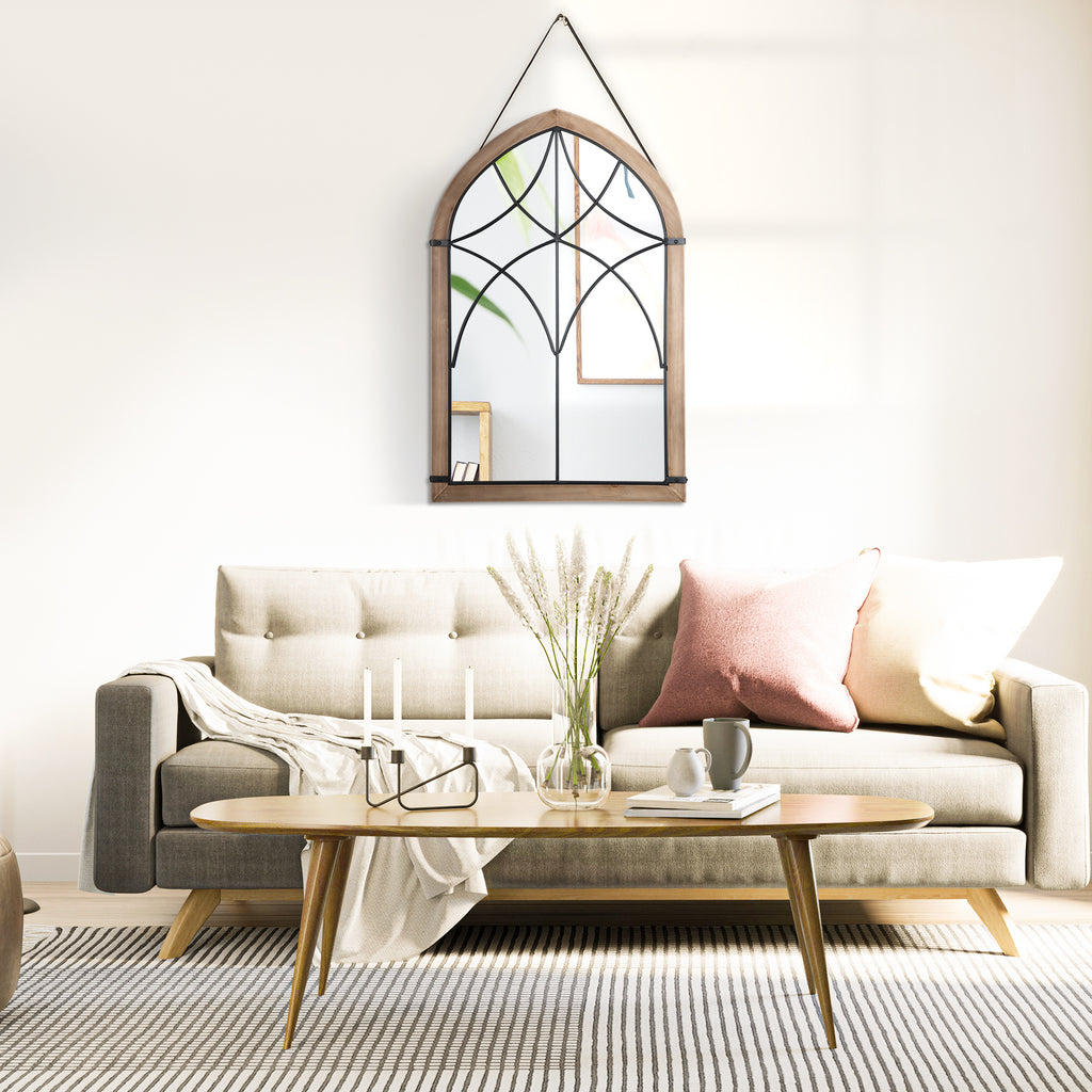 HOMCOM Arched Wall Mirror with Modern Details and Hooks, Wood and Glass, 60x93 cm, Brown and Black