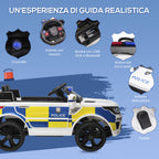 Electric Police Car for Kids, 12V Battery and Remote Control, Siren Lights USB Connection for Music, 110x68x52cm, White