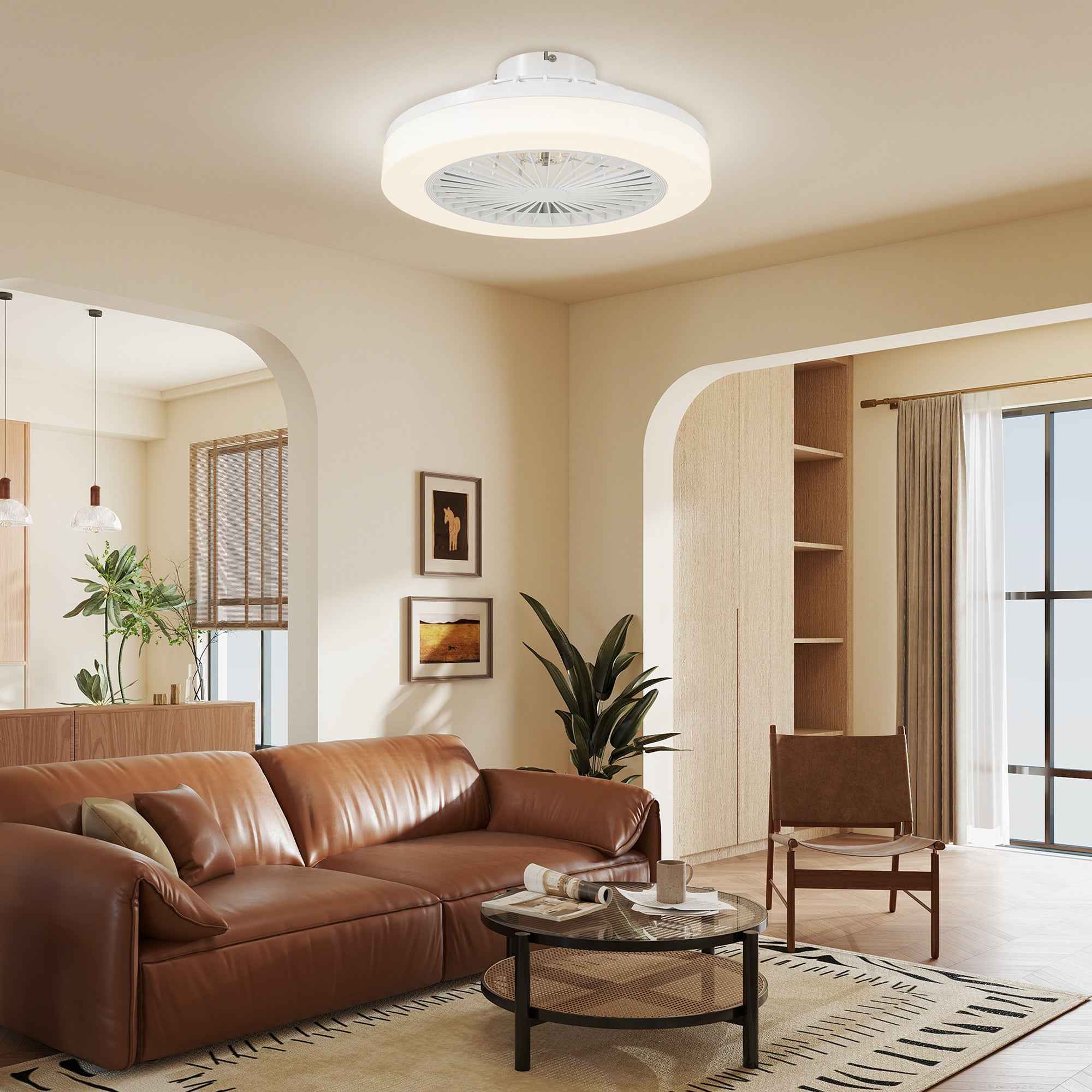 HOMCOM Ceiling Fan with Adjustable LED Light and 6 Speeds, Made of Plastic and Acrylic, Ø46x16 cm, White