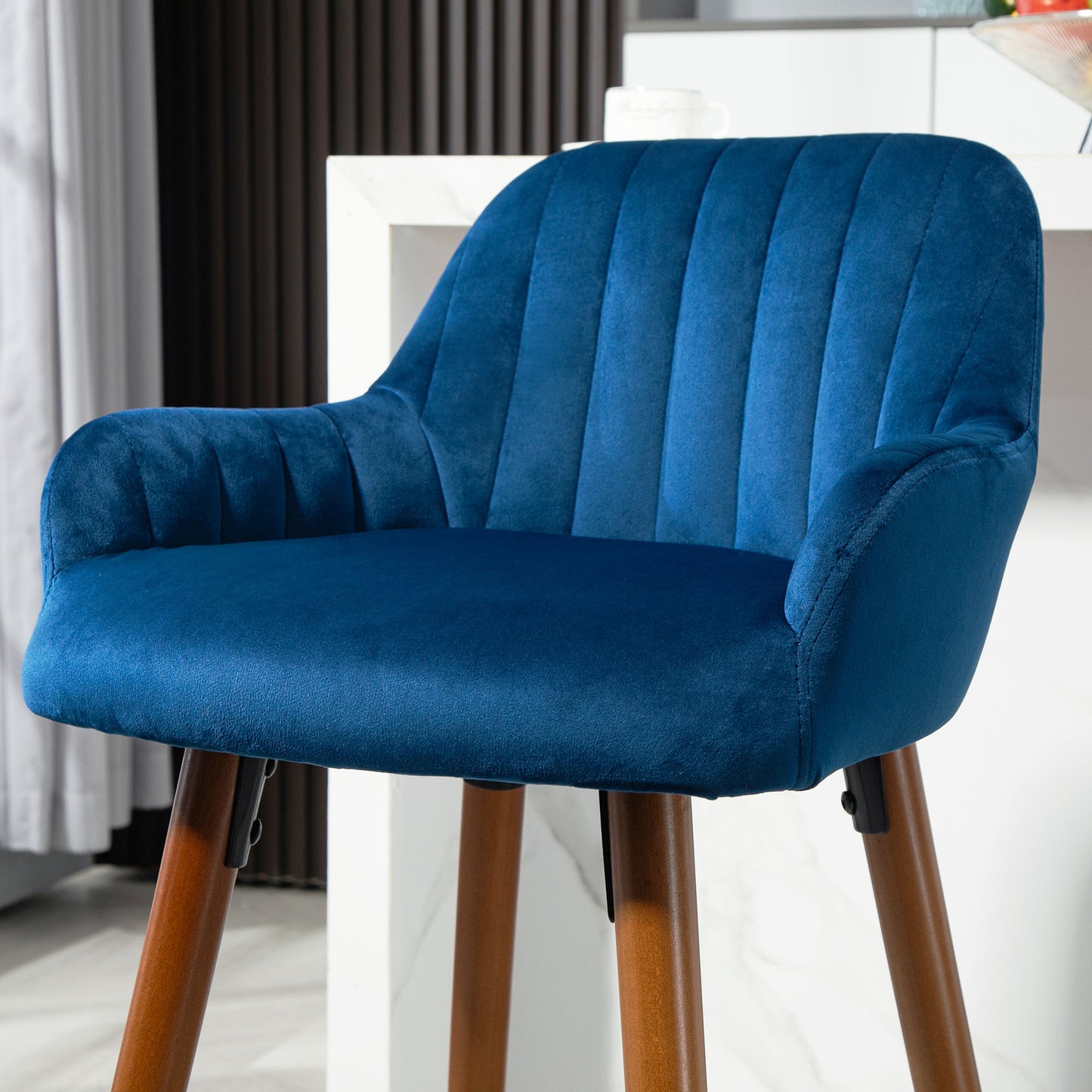 Set of 2 Modern Velvet Bar Stools with Backrest and Armrests, Wooden Base and Footrest, Dark Blue