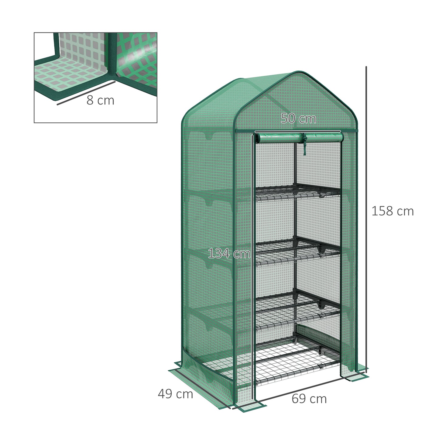 Outsunny 4-Tier Plant Greenhouse with Roll-Up Door, Metal and PE, 69x49x158 cm, Dark Green - Borgè