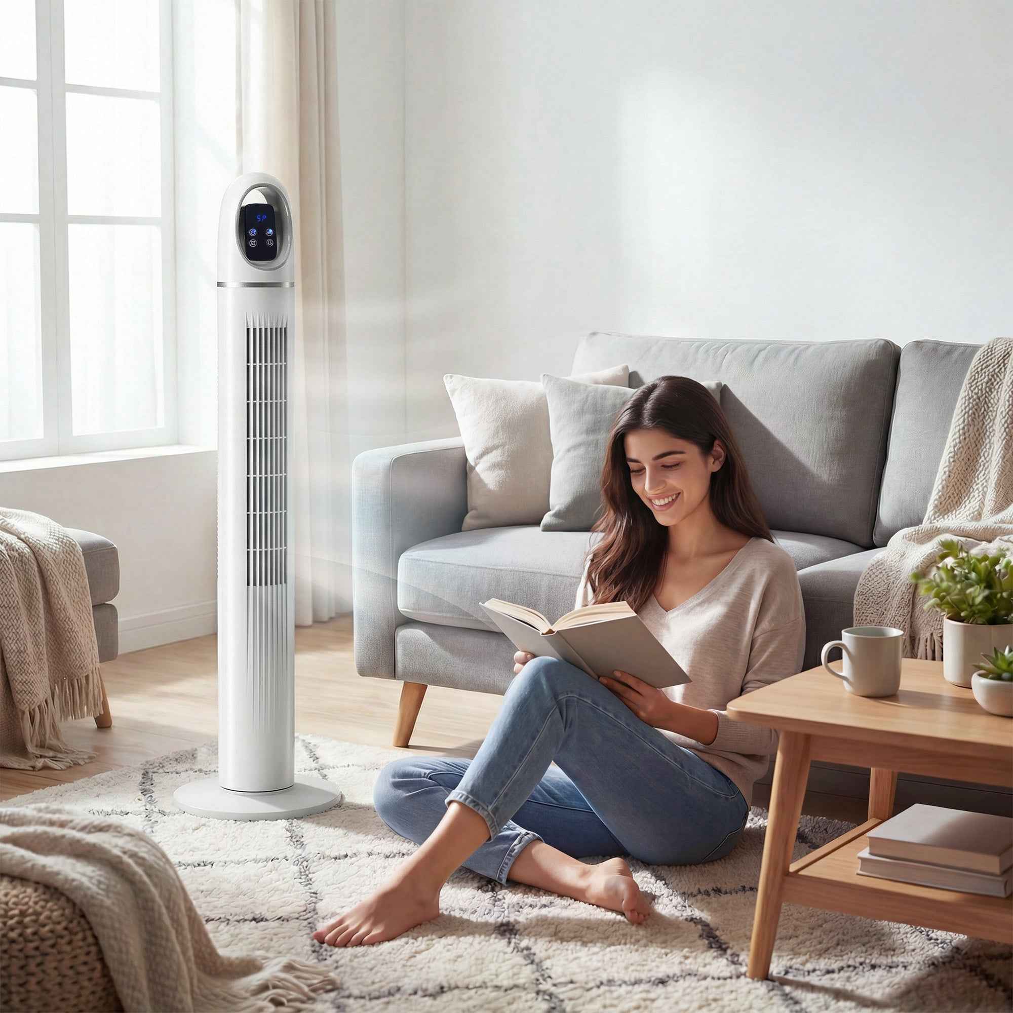 Tower Fan for Bedroom, 70° Oscillating Floor Fan, 4 Modes, 3 Speeds, 24-Hour Timer, White